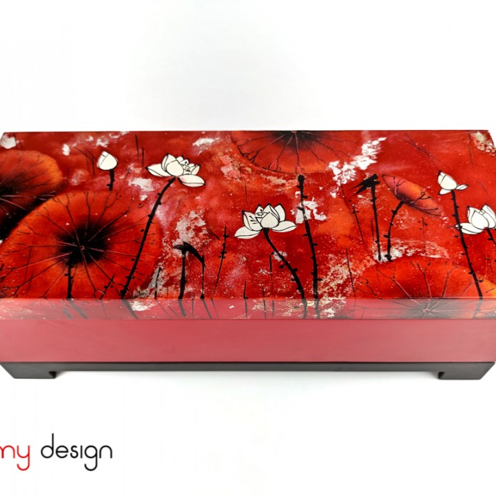 Red rectangle lacquer box hand-painted with lotus included with stand 18x45 cm